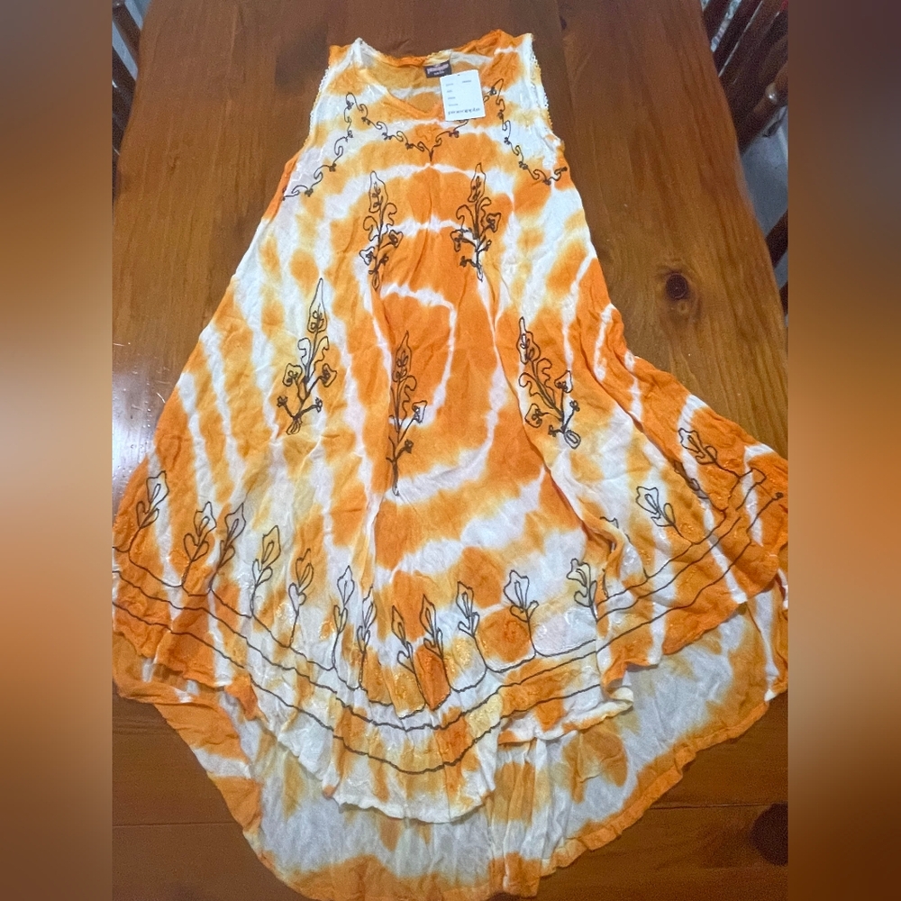 Nwt Pineapple Made In India Orange Tie-Dye‎ Embroidered Women's Dress Free Size